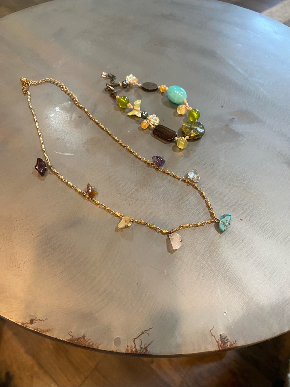 Gold-Tone Multi-Stone Charm Necklace and bracelet with Turquoise and stones